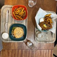 Burger and fries, tofish and chips. So tasty !! at L'Ethiquete in Nantes