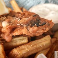 Tofish Chips (marinated tofu, seaweed, nori sheets, and breadcrumbs) with fresh homemade fries and tartar sauce. at L'Ethiquete in Nantes
