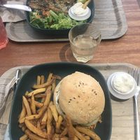 Burger and tofish (really really good) and chips  at L'Ethiquete in Nantes