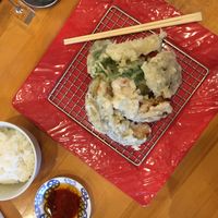 Vegan tempura (sweet potato, pumpkin, green pepper, mushrooms) with rice and onion dressing  at Fuji Tempura Idaten in Fujikawaguchiko