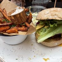 Avocado burger and sweet potato fries  at Jilles in Bruges