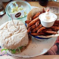 Dimitri burger and sweet potato fries with vegan mayo and coleslaw salad. at Jilles in Oostende
