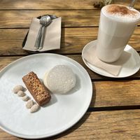 Almond panacotta & chai latte  at RE Organic in Mallorca