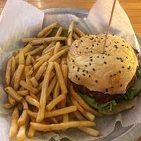 Veggie burger and truffle fries   at The Peddler in Huntington