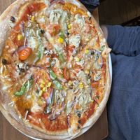 Veggie pizza with vegan cheese   at Three Tuns in Hay-on-wye