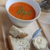 Very nice tomato paprika soup with toast and humus at Combi in Eersel