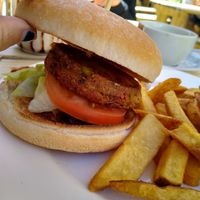Vegan burger and chips at The Plantation Restaurant & Tea Rooms in Polperro