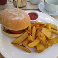 Vegan burger and chips at The Plantation Restaurant & Tea Rooms in Polperro