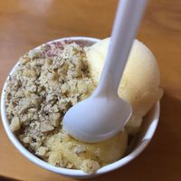 A scoop each of mango, passion fruit, and chamoy ice cream, with pecans on top    at Root's in Cabo San Lucas