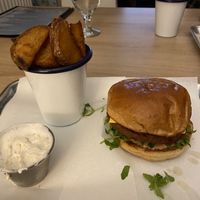 Vegan smashed patty and chunky chips with garlic mayo.   at Sea Change  in South Shields