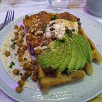 Sour dough waffle with advocado and hummus at Wholywood in Paris