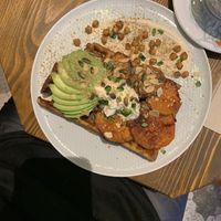 Waffle with avocado and roasted sweet potato  at Wholywood in Paris