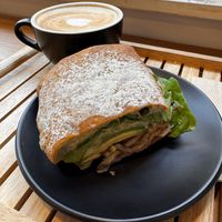 Sandwich with mushrooms, salad and avocado + soy latte  at April and May 45 꽃피는 4월 밀익는 5월 in Busan