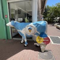 Sky cow sign pointing down the alleyway  at Cielo Gelato & Pizza in Willemstad
