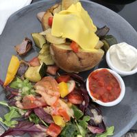 Rosemary and olive oil fluffy jacket with roast veg, side salad, salsa and vegan mayo at The Spa Hotel in Saltburn-by-the-sea