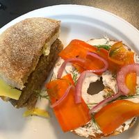 Lox-less bagel (also came with capers and cucumber) and “sausage, egg, and cheese” breakfast Sammie  at The Gentle Giant Cafe in Pitman