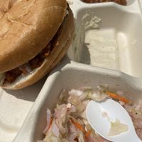 Vegan pulled “pork”, baked beans, coleslaw   at Farm Sanctuary in Watkins Glen