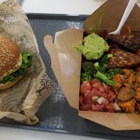 Vegan crab cake burger and Aristotle power bowl at Copper Branch - Yonge Sheppard Centre in Toronto