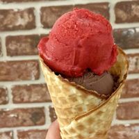 Raspberry-lime sorbet and plant based sea salt chocolate ice cream at Cold Front Gelato in Nanaimo