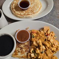 Vegan migas and vegan pancake. at Depot Cafe in Frisco
