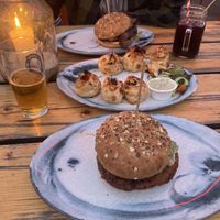 Vegan pizza rolls (nice!) + special avocado burger + standard vegan burger (all with wholegrain bread)   at Urban Kitchen in Heidelberg