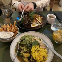 Didn’t get a photo of the starters because they were gone too quickly! We got the tacos and the falafels and they were incredible. Pictured is our mains - the tempeh and the curr at O Gambuzino in Lisbon