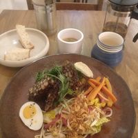 Ginger tea and Gado Gado as main dish, with delicious peanut sauce at O Gambuzino in Lisbon