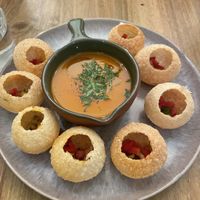 Pani puri and gazpacho   at O Gambuzino in Lisbon