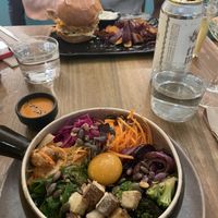 KFC “chicken” burger and bipimbap  at O Gambuzino in Lisbon