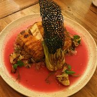 My husband had this quinoa and tofu. He loved it and this pink sauce was really good  at O Gambuzino in Lisbon