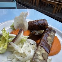 Tempeh, sweet potato purée, (fermented?) fennel that wasn’t “fennel-ly”. Sauce was tamarind and soy, I believe (liquid aminos?)  at O Gambuzino in Lisbon