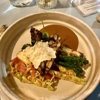 Homemade black bean tempeh, broccolini, cassava, snow pea & tamarind, satay.  at O Gambuzino in Lisbon