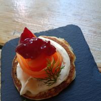 Blini with smoked carrot at O Gambuzino in Lisbon