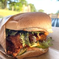 Vegan Fried "Chicken" Sando.
Marinated tofu, greens, paprika aioli, dill pickles at Picnic - Food Truck in Lansing