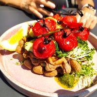 Waffles with courgette, tomatoes, cress a d hummus at Slice of Cornwall in Falmouth