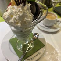Zwei Kugeln veganes Eis (dunkle Schokolade/Kiwi) mit veganer Sahne  at Schröders at Kurhaus am Inselsee in Guestrow