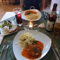 Veggie patty with carrot sauce and pasta at Holzschuh's Schwarzwaldhotel in Baiersbronn