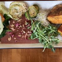 Brussels sprouts with beetroot and rose tahini sauce with roasted sweet potatoes at 諦 Veganism 共響空間- Dì Chún Sù Zhǔyì in Taipei