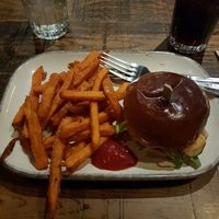 The vegan Betsy burger and sweet potato fries at Hubbox in Taunton
