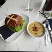 No chicken burger with broccoli cheese soup  at Rüt in Spokane