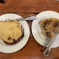 Breakfast option: vegan parma,  burrata and tapenade sandwich  and banana pie  at Hera Veggie in Sao Paulo