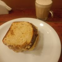 Chai latte and hot cheese sandwich at Hera Veggie in Sao Paulo