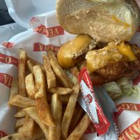 OMG chickn sandwich meal w fries and soda  at Vegorama in Canton