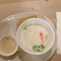 Half eaten spring roll and coconut soup! at Kajohn Thai Cuisine in Halifax