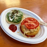 Muffin split, hash browns, “egg style “ chick peas , tomato & avocado. So yum. at Vege Pulse in Auckland