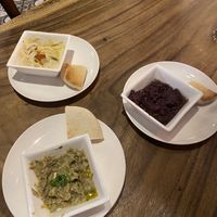 Hummus, eggplant and olive dips - all amazing   at Elia Greek Kitchen in Siem Reap