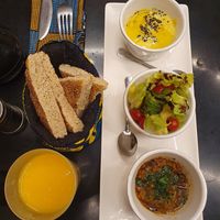 Trio of starters, mango juice at Broc The Kasbah in Marrakech