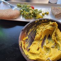 Mango and avocado ceviche and curry hummus   at Broc The Kasbah in Marrakech