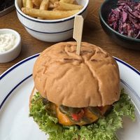 “Sterke Nils” made vegan with Beyond Meat, vegan cheese, and gluten free breadd  at Døgnvill Burger Tjuvholmen in Oslo