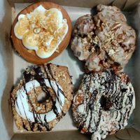 Fluffers nutter (top left) and maple sweet potato fritter (top right) are a must try! at Machino Donuts - Bloor St in Toronto